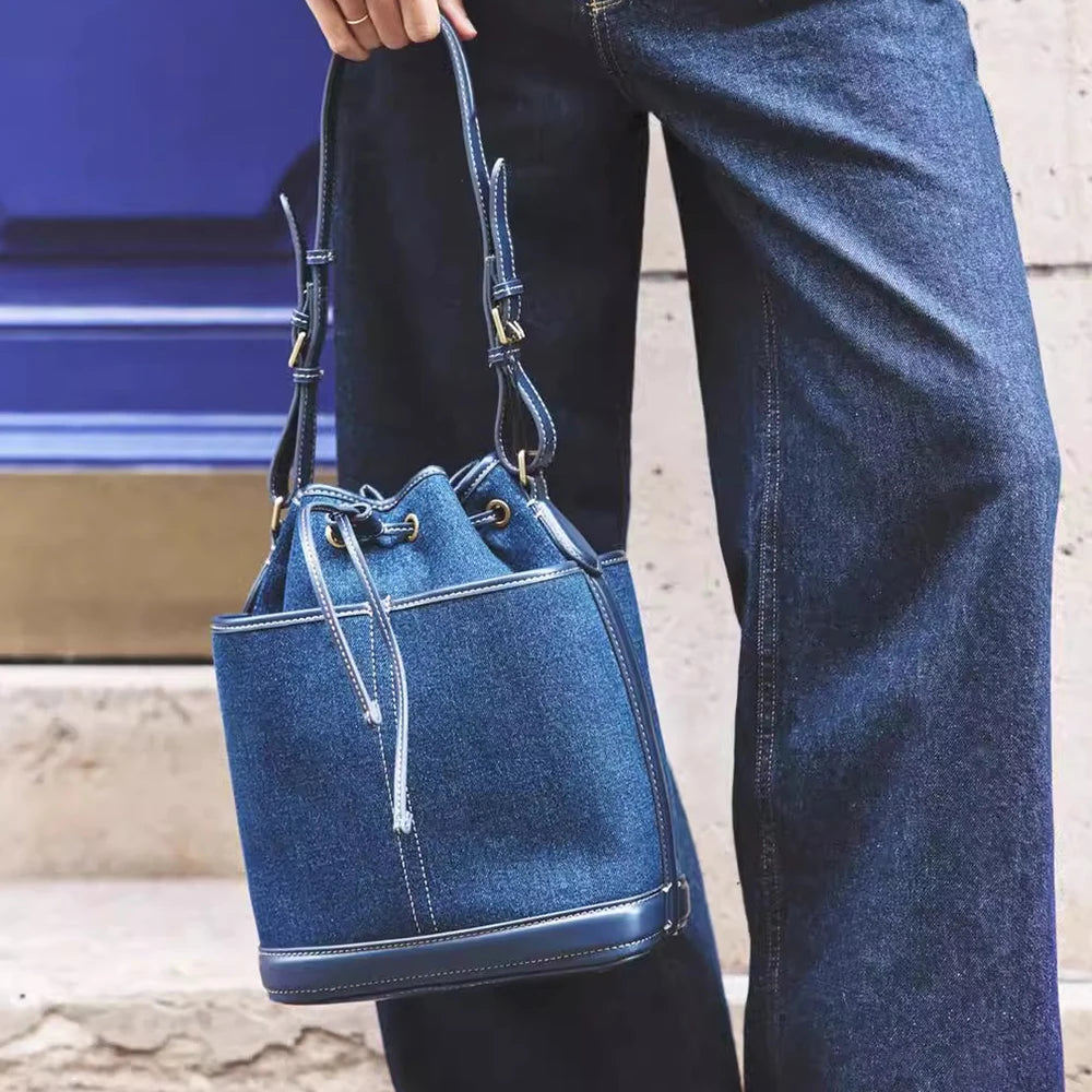 Sac à Main Femme - Seau Femme Denim Toile - Sac Bandoulière Designer Cordon Coulissant 2025