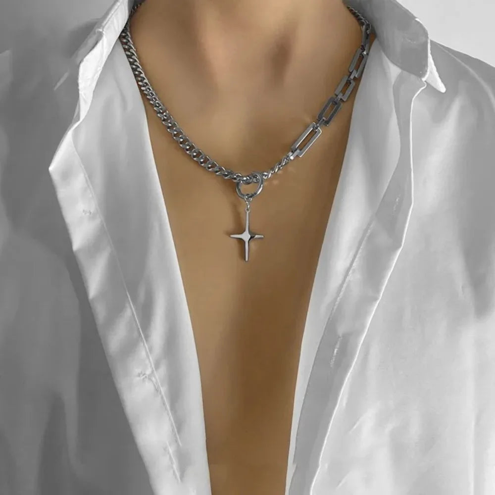Collier Homme Tendance Pendentif Carré Noir - Chaîne Acier Inoxydable Asymétrique