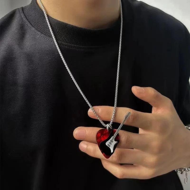 Collier Pendentif Médiator Guitare Hip-Hop Acier Inoxydable - Bijou Unisexe