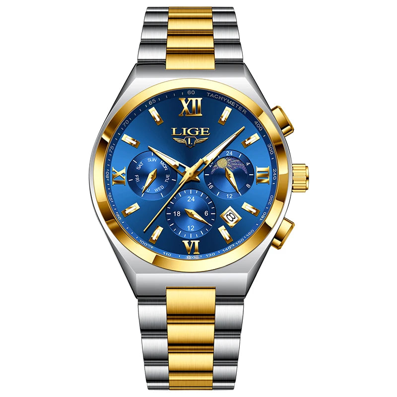 LIGE - Montre Femme Luxe Chronographe Phases de Lune - Bracelet Acier Bleu - Chiffres Romains - Étanche 3 ATM