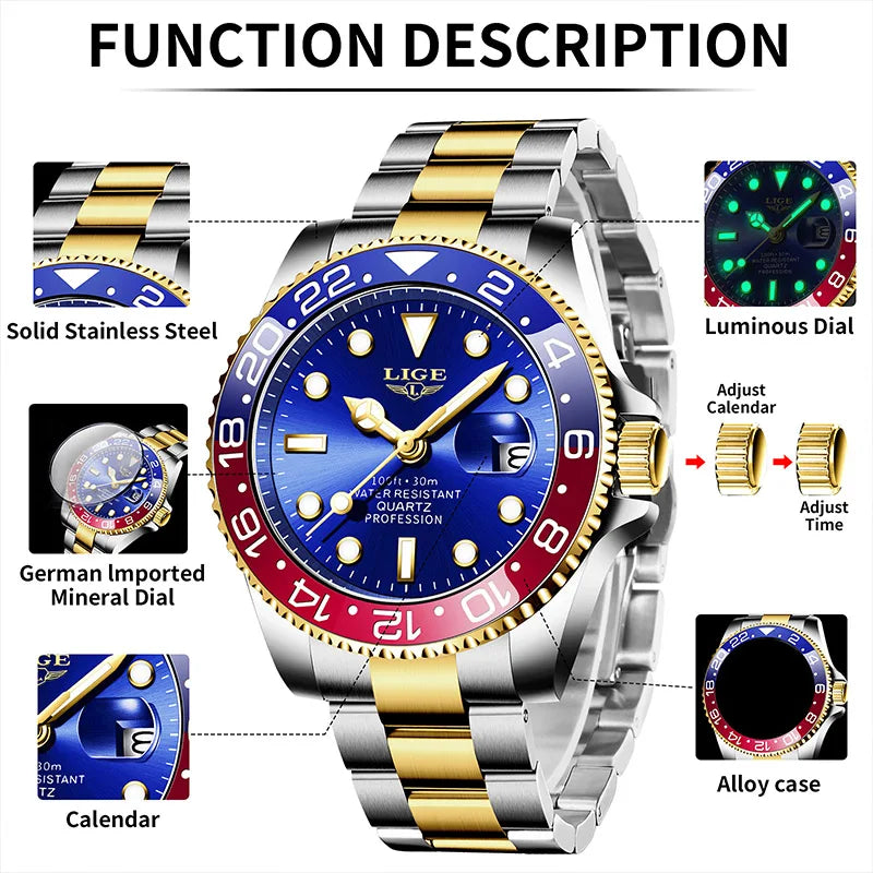 LIGE - Montre Homme 2025 Lumineuse - Acier Bicolore Or/Argent - Lunette Bleue Rouge - Étanche 3 ATM
