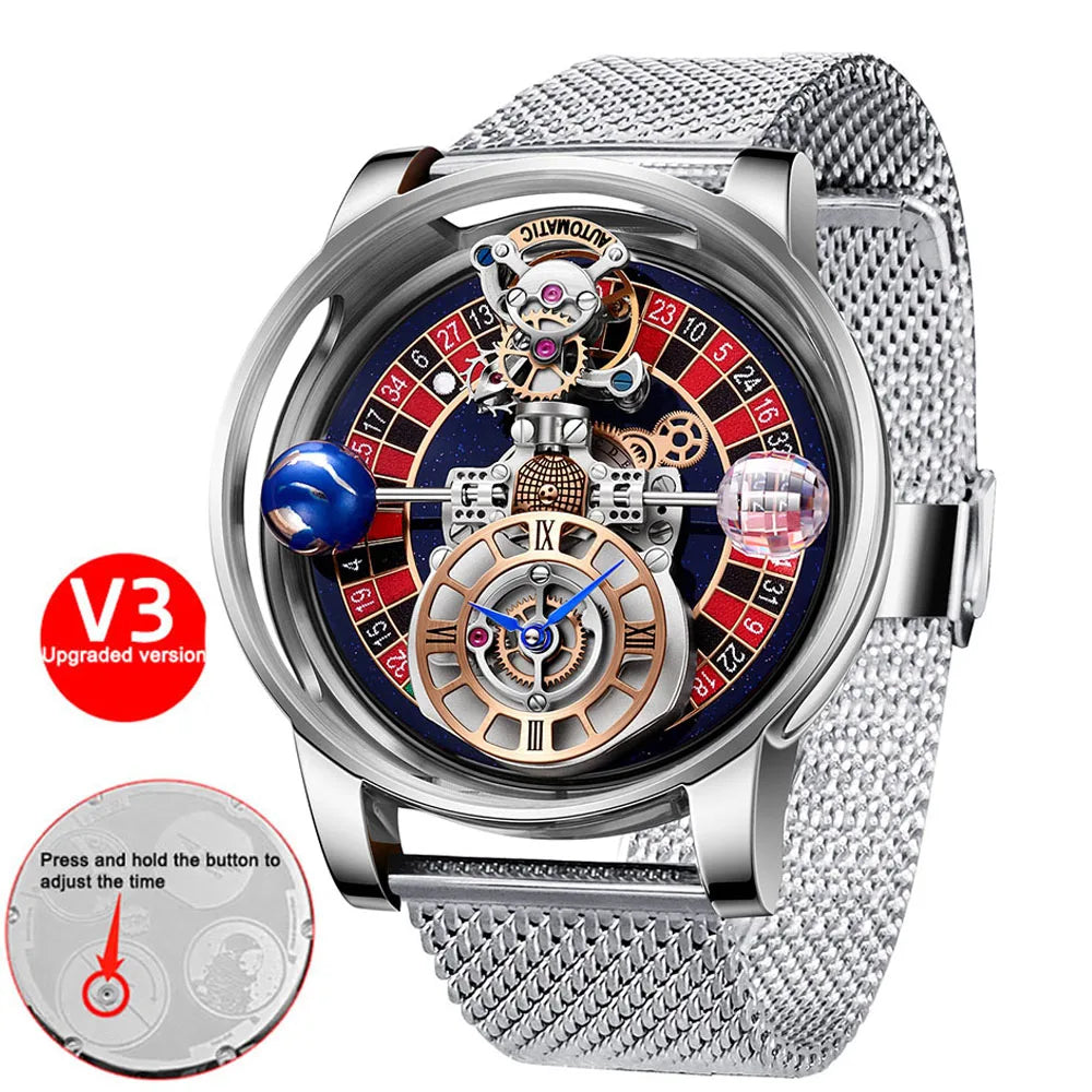 PINDU - Montre Homme Roulette Las Vegas - Design Astronomique Transparent - Quartz