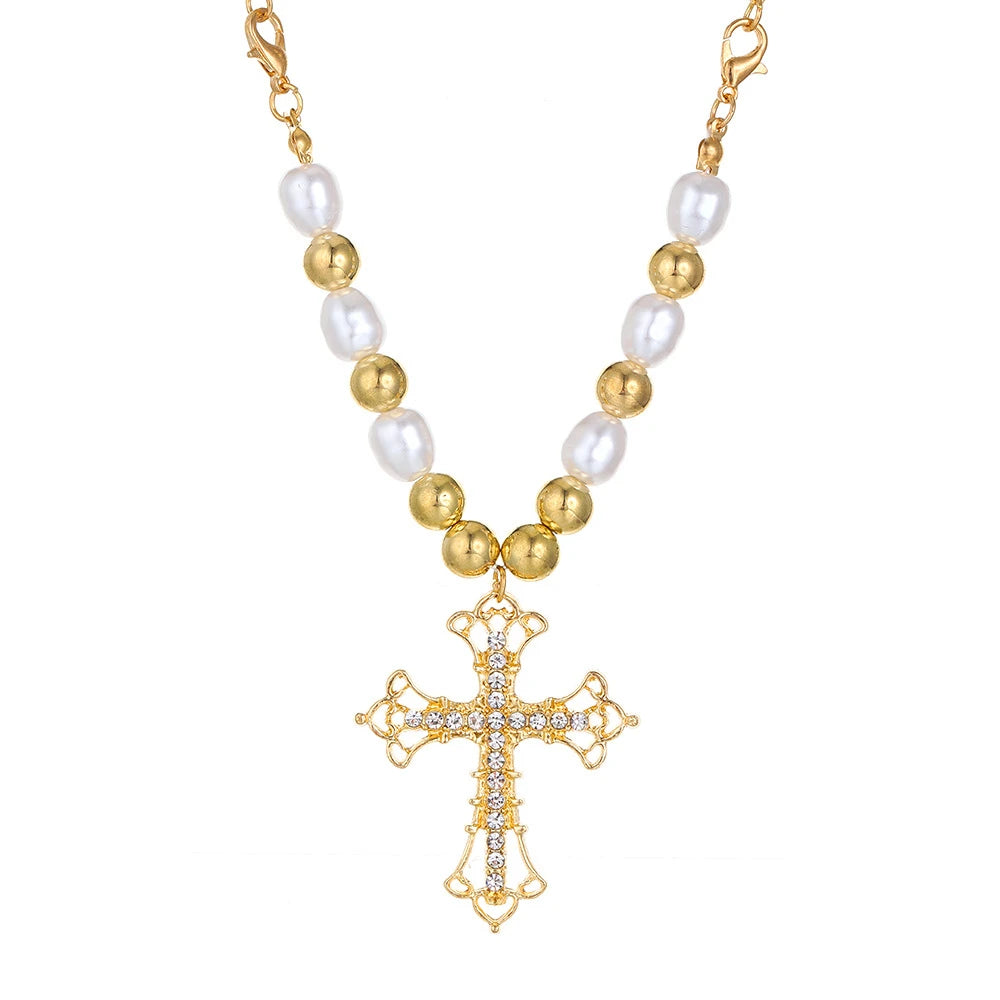 Collier Perles Imitation Pendentif Croix Cristal - Bijou Femme Élégant