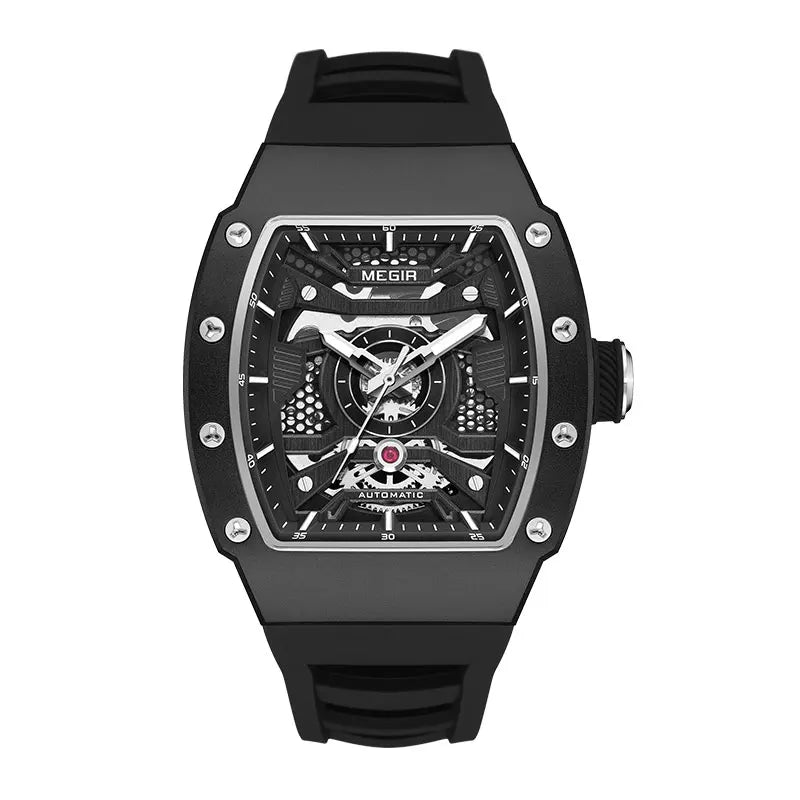 MEGIR - Montre Homme MEGIR 8604 Mécanique Automatique Squelette - Boîtier Tonneau Acier - Bracelet Silicone