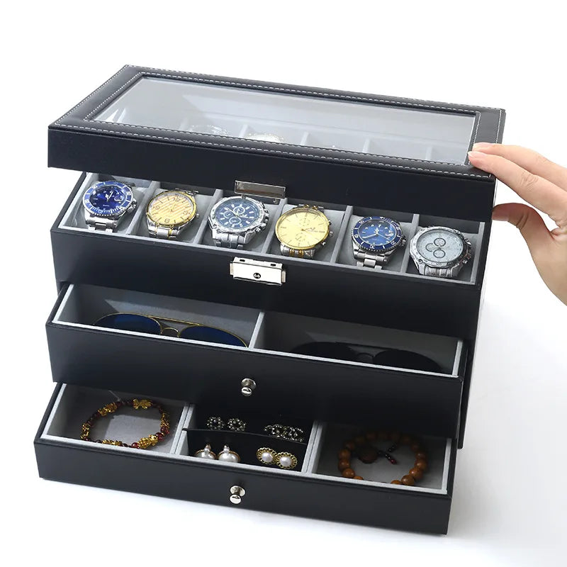 Boîte à Montres 12 Fentes - Coffret Rangement Luxe Cuir PU avec Tiroir Bijoux