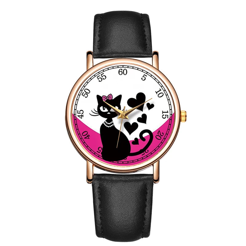 MOONBIFFY - Montre Enfant Élégante - Bracelet Cuir Véritable - Motif Chat - Étanche 3 ATM