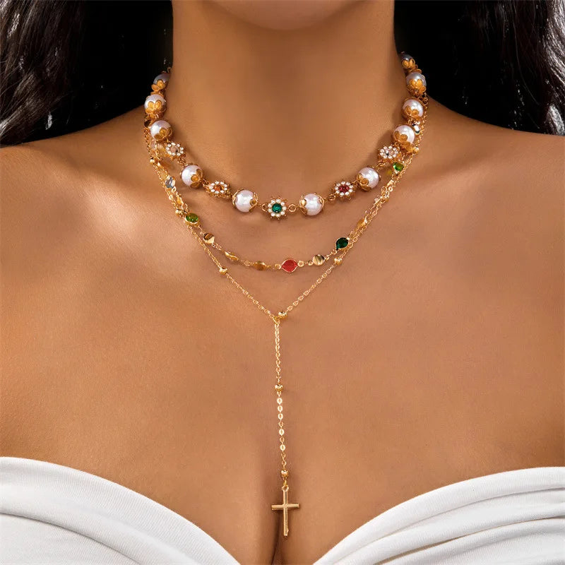 Collier Perles Polyvalent Pendentif Croix Hip-Hop - Bijou Femme Multi-Rangs