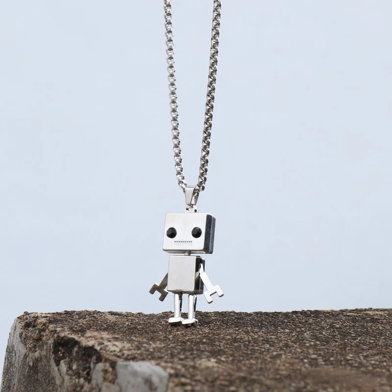 Collier Pendentif Robot Cube Articulé Acier Inoxydable - Bijou Homme Hip-Hop