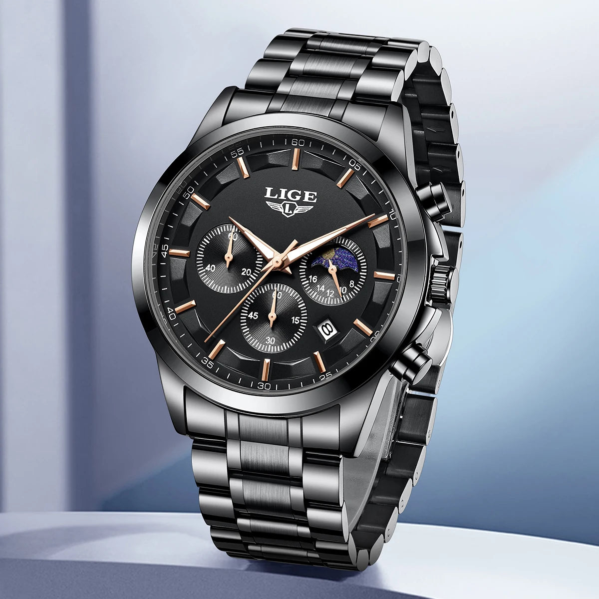 Montre Homme LIGE 2026 Luxe - Quartz Phase de Lune Calendrier Lumineux