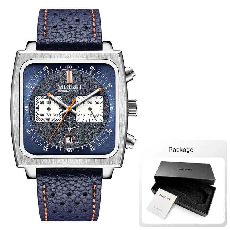 MEGIR - Montre Homme 2182 Sport Chronographe Carrée - Cadran Bleu - Bracelet Acier - 24H - Étanche 3 ATM