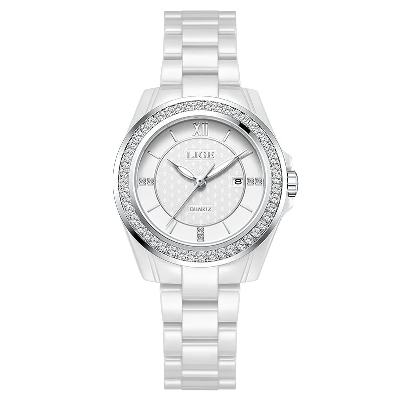 Montre Femme LIGE 2026 Rose – Quartz Céramique Élégante, Calendrier & Étanche 3 ATM