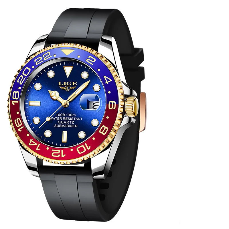 LIGE - Montre Homme 2025 Lumineuse - Acier Bicolore Or/Argent - Lunette Bleue Rouge - Étanche 3 ATM