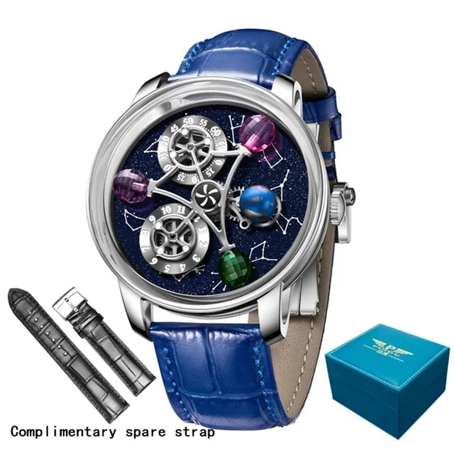 PINDU - Montre Homme Mécanique Automatique Squelette - 12 Constellations - Verre Saphir - Bracelet Maille Acier