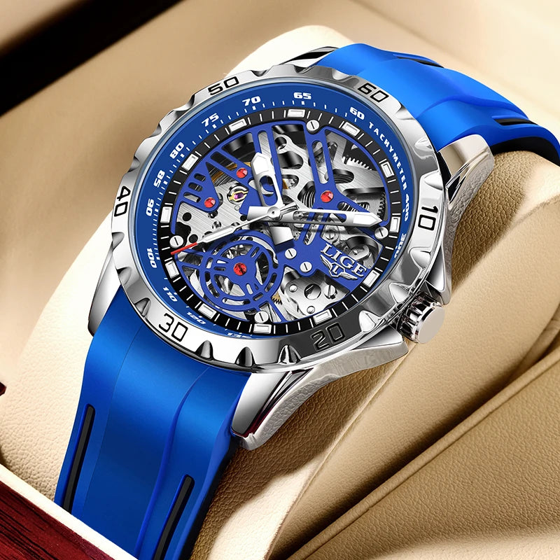 LIGE - Montre Homme Mécanique Automatique Squelette Tourbillon - Bracelet Silicone - Étanche 3 ATM