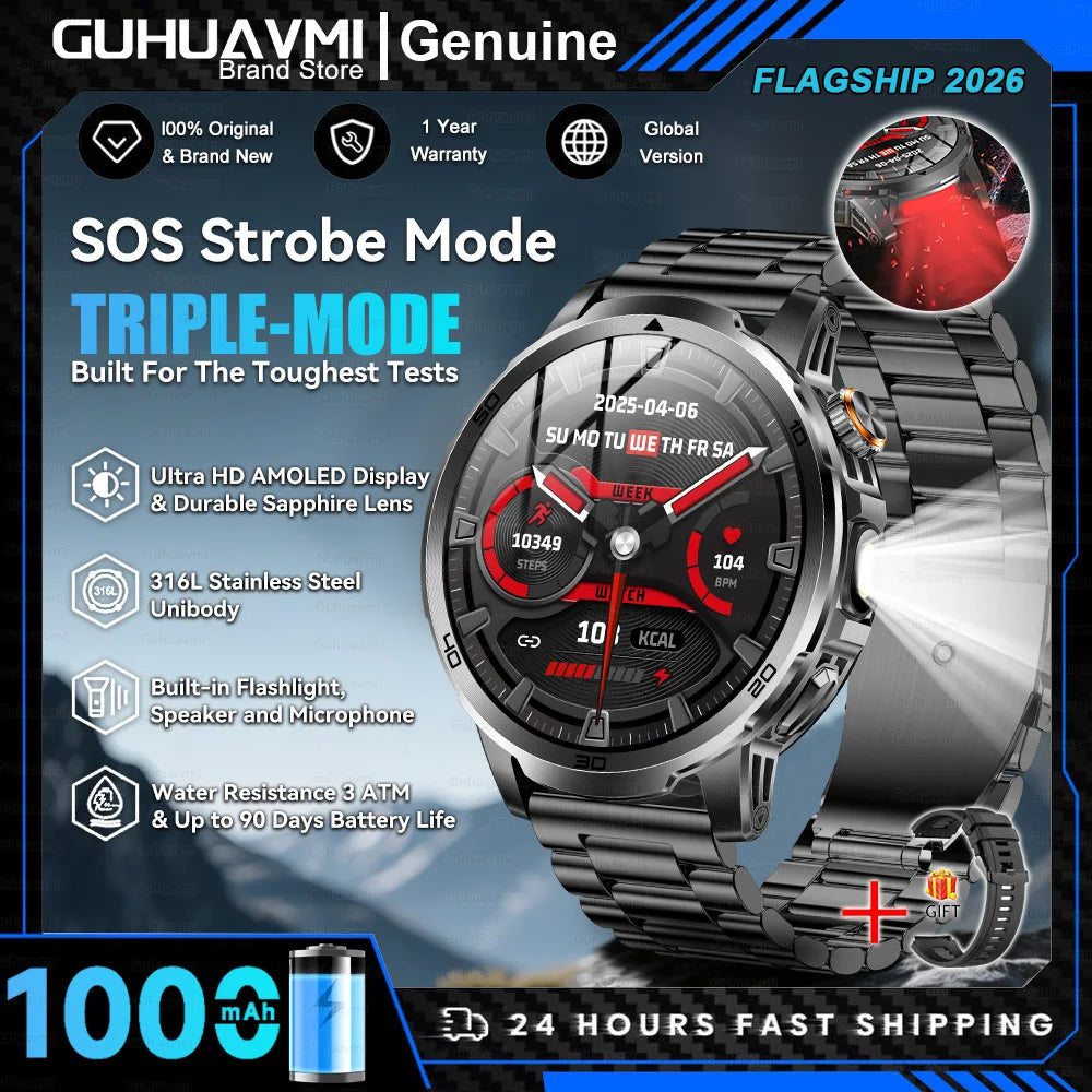 Montre Connectée Militaire T-REX 3 Ultra 2026 - 1000mAh, 5ATM Étanche 50m, AMOLED 1.85", GPS, Lampe Torche