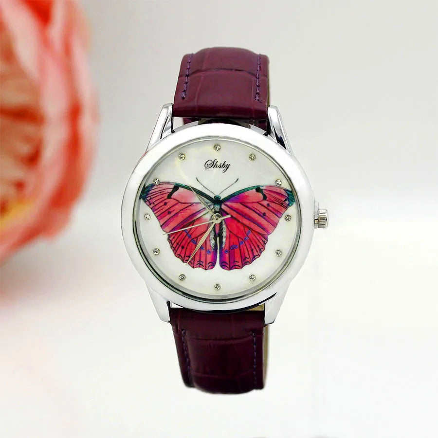 SHSBY - Montre Femme - Bracelet Cuir - Motif Fleur Élégant - Cadeau Idéal