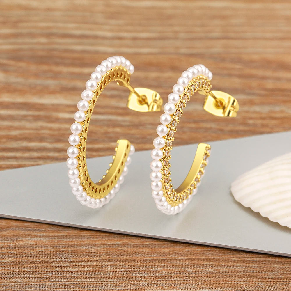 Boucles d'Oreilles Femmes Forme C Perles Zircon Doré - Bijou Femme Rétro