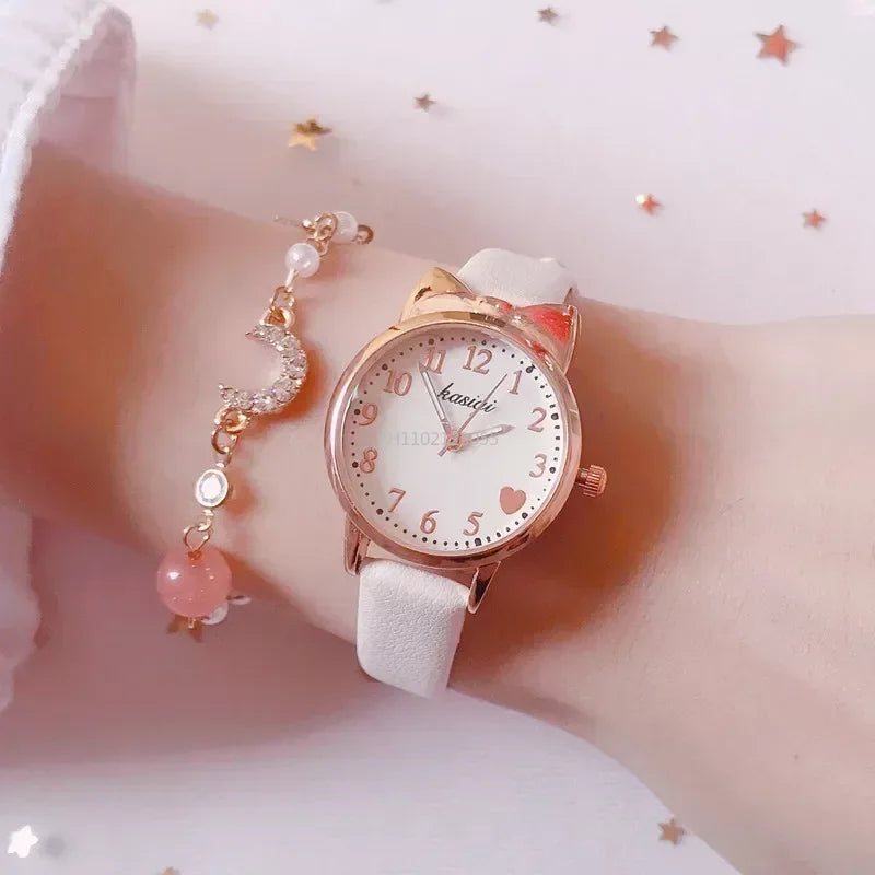 MOONBIFFY - Montre Enfant Fille + Bracelet Perles - Ensemble Cadeau - Bracelet Cuir Rose
