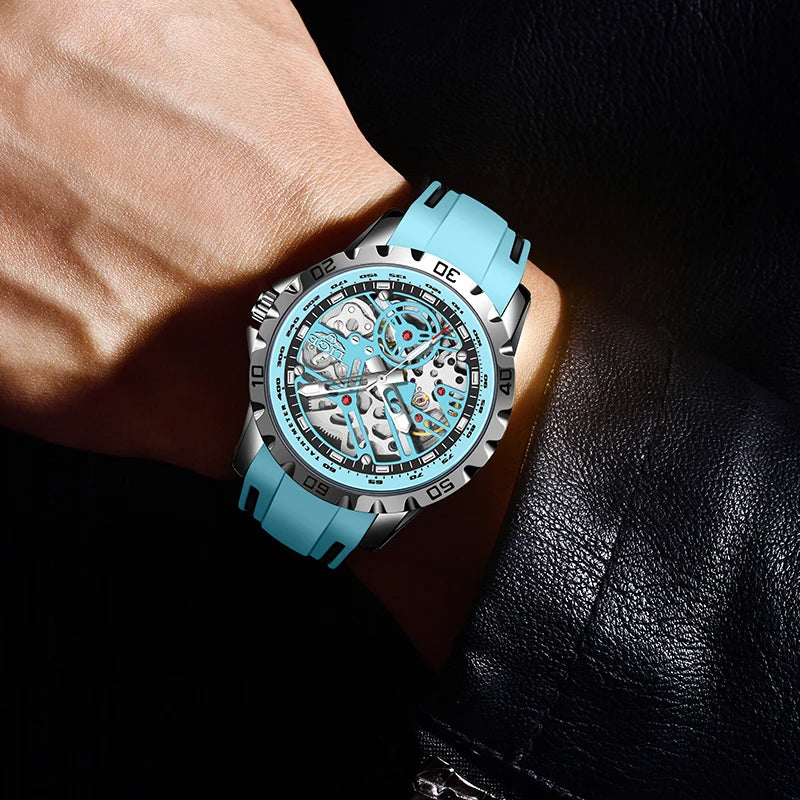 LIGE - Montre Homme Mécanique Automatique Squelette Tourbillon - Bracelet Silicone - Étanche 3 ATM