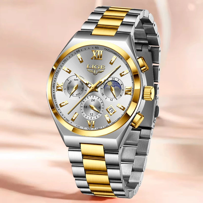 LIGE - Montre Femme Luxe Chronographe Phases de Lune - Bracelet Acier Bleu - Chiffres Romains - Étanche 3 ATM