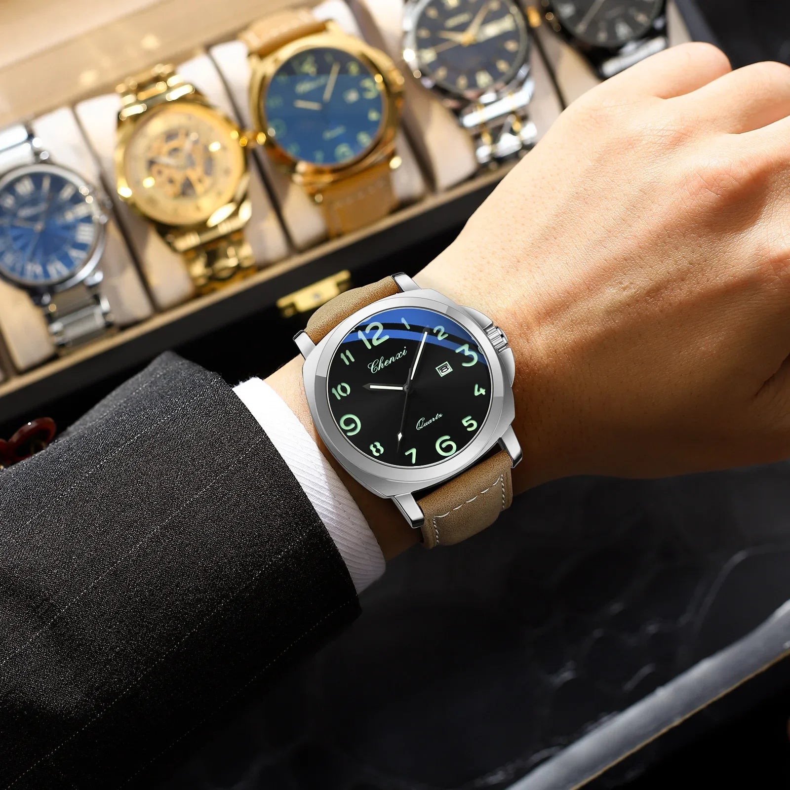 Montre Homme Luxe CHENXI 2026 - Cuir Véritable, Date Lumineuse, Calendrier, Sport Quartz Étanche 3 ATM