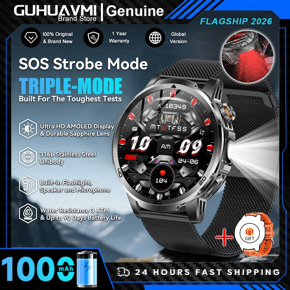 Montre Connectée Militaire T-REX 3 Ultra 2026 - 1000mAh, 5ATM Étanche 50m, AMOLED 1.85", GPS, Lampe Torche