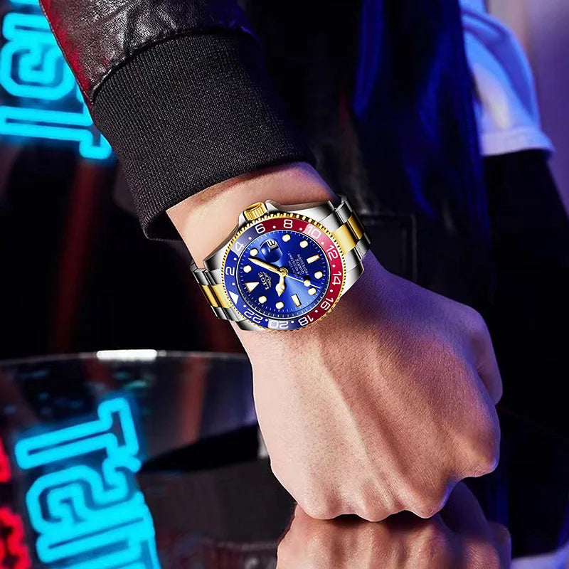 LIGE - Montre Homme 2025 Lumineuse - Acier Bicolore Or/Argent - Lunette Bleue Rouge - Étanche 3 ATM