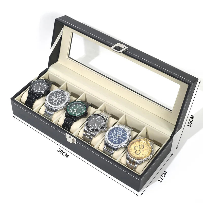 Boîte à Montres Organiseur 6 montres - Grand Verre - Coussins Amovibles - Cuir - Cadeau Luxe