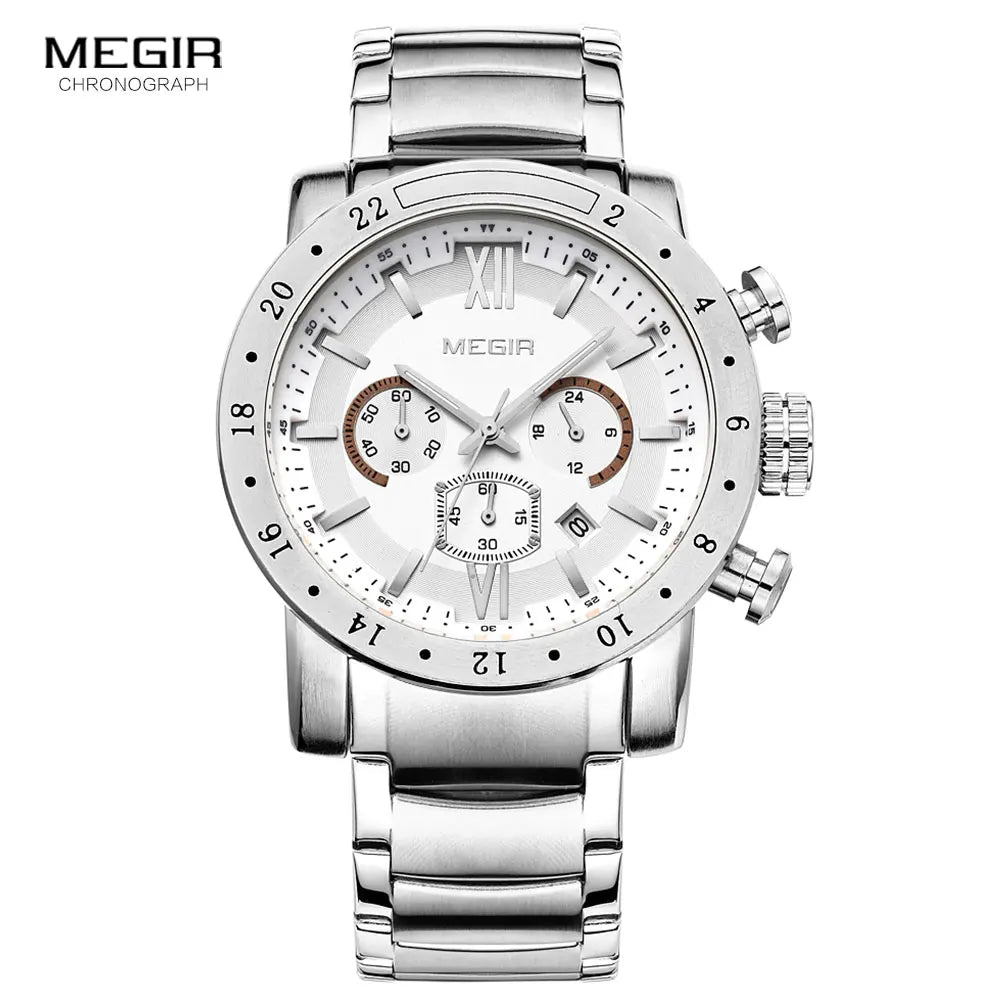 MEGIR - Montre Homme MEGIR 3008 Chronographe Business - Acier Inoxydable - Cadran Blanc - Étanche 3 ATM
