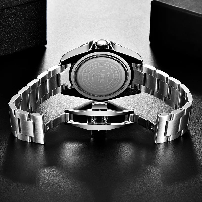LIGE - Montre Homme Luxe Plongée Étanche 30M Lumineux Date Acier