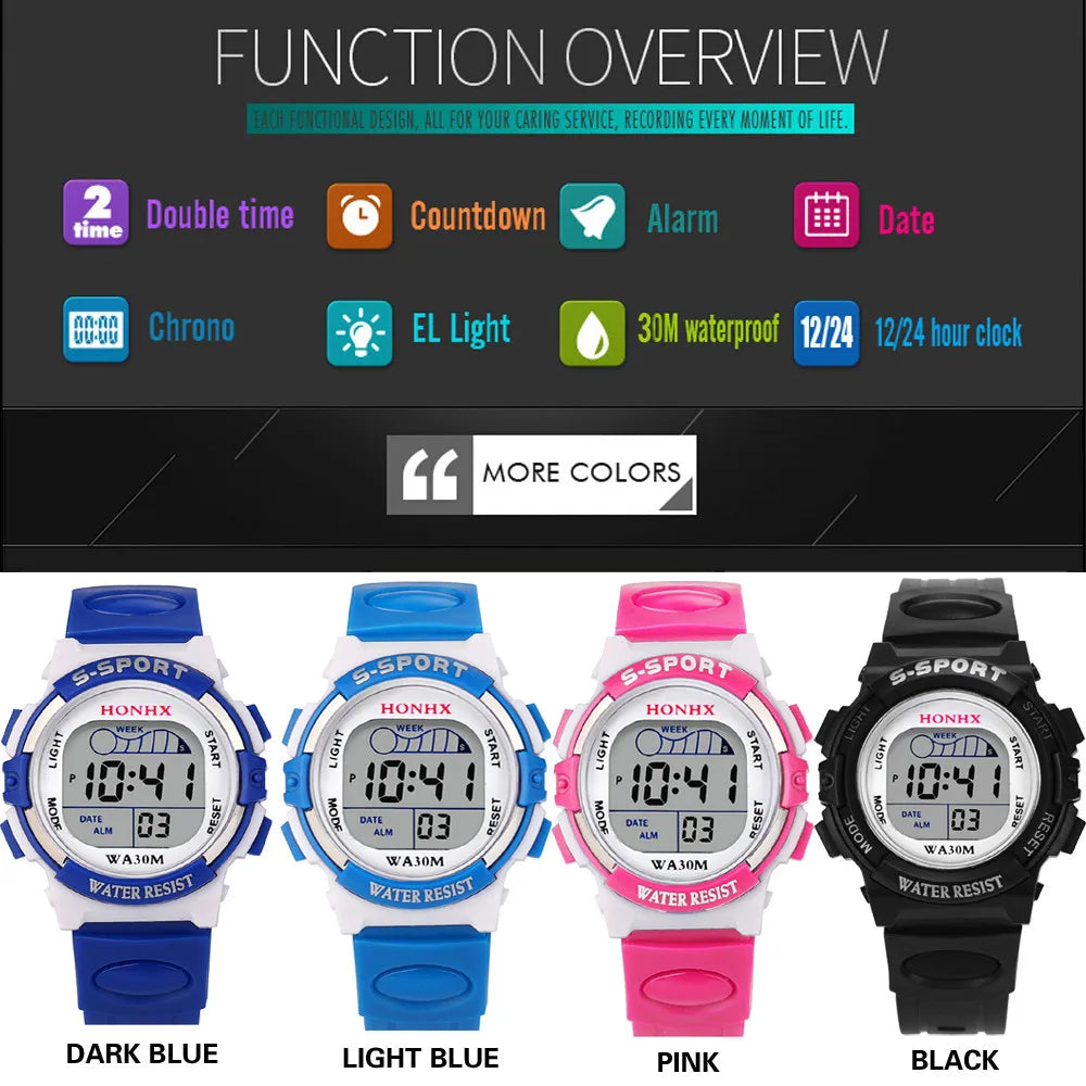 MOONBIFFY - Montre Enfant Digitale LED Sport - Alarme & Date - Bracelet Caoutchouc - Verre Saphir