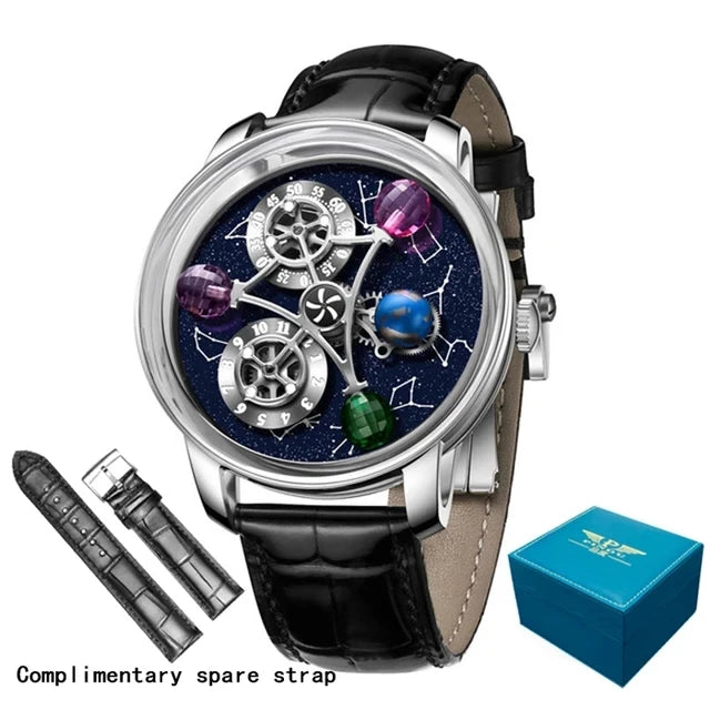 PINDU - Montre Homme Mécanique Automatique Squelette - 12 Constellations - Verre Saphir - Bracelet Maille Acier