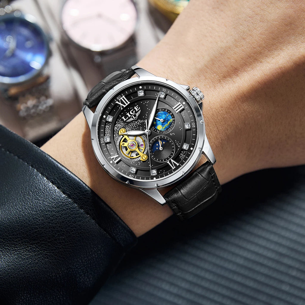 Montre Automatique Homme LIGE 2026 - Mécanique Phase de Lune Bracelet Cuir