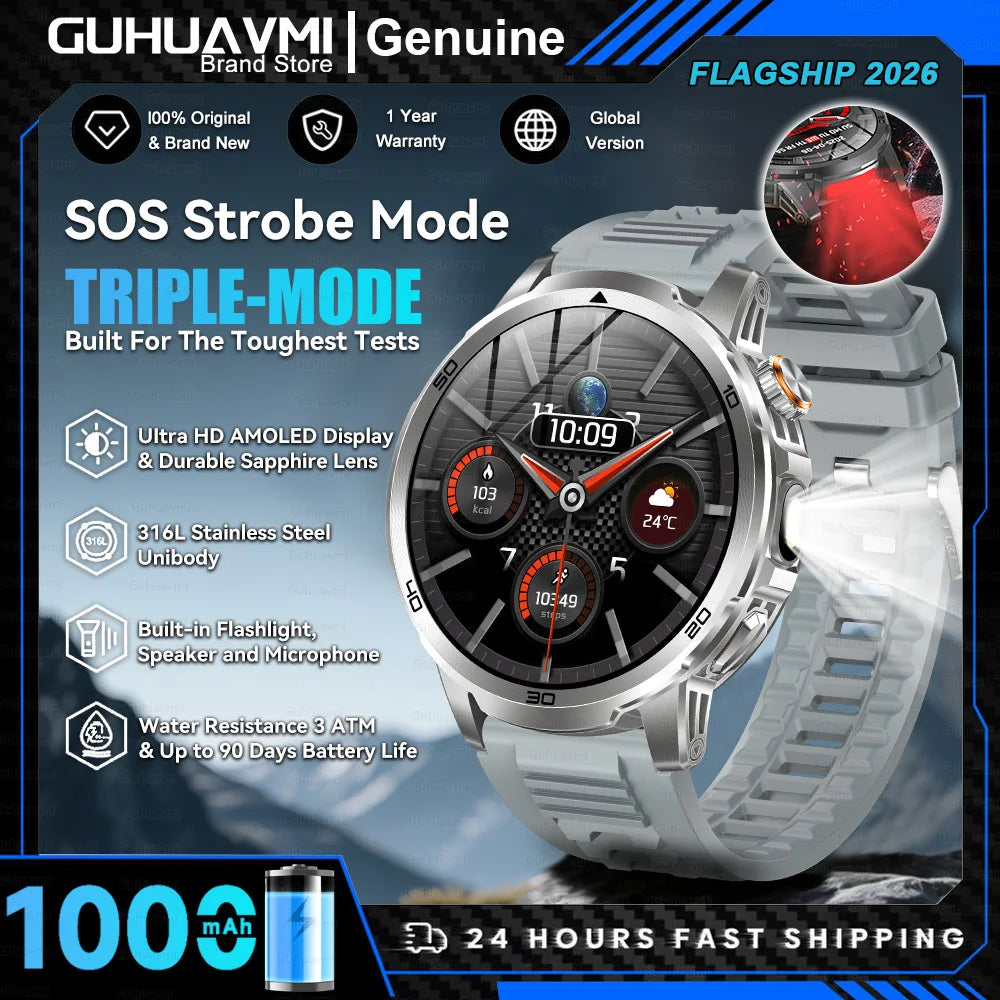 Montre Connectée Militaire T-REX 3 Ultra 2026 - 1000mAh, 5ATM Étanche 50m, AMOLED 1.85", GPS, Lampe Torche