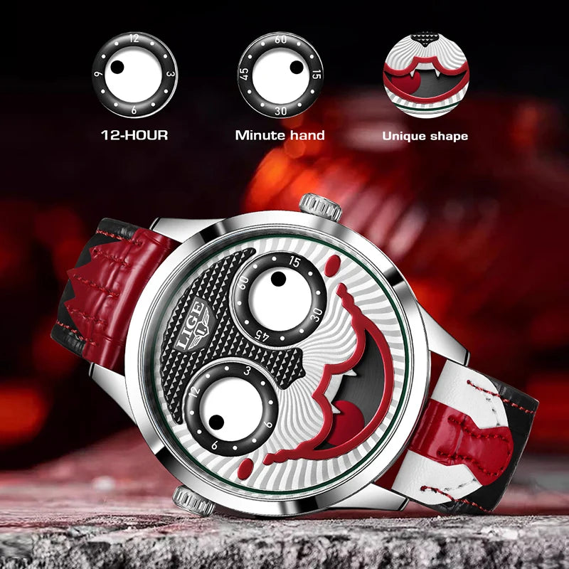 LIGE - Montre Homme 2025 Clown Mode Quartz Bracelet En Cuir Étanche Cool Joker