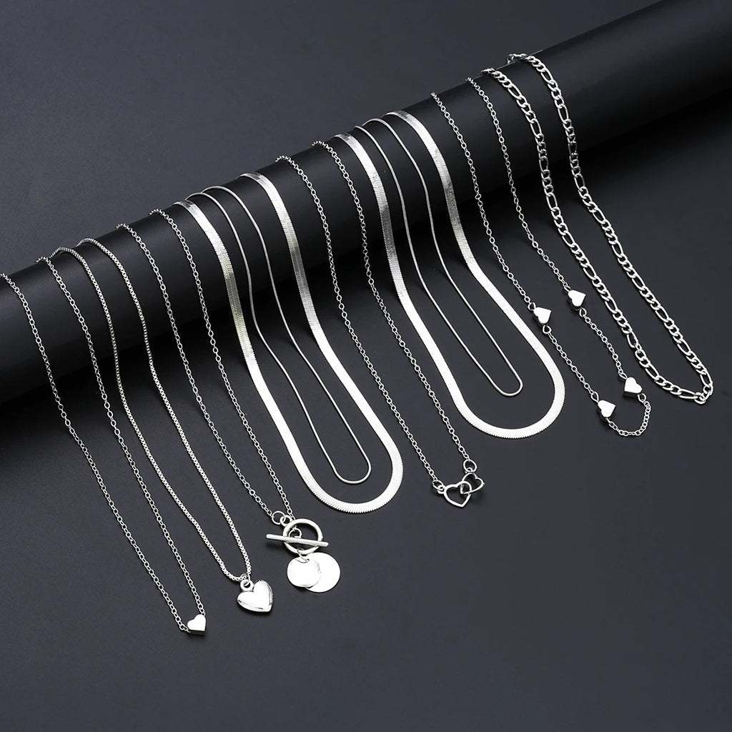 Ensemble 10 Colliers Pendentifs Empilables Femme - Cœur Multi-Rangs Tendance