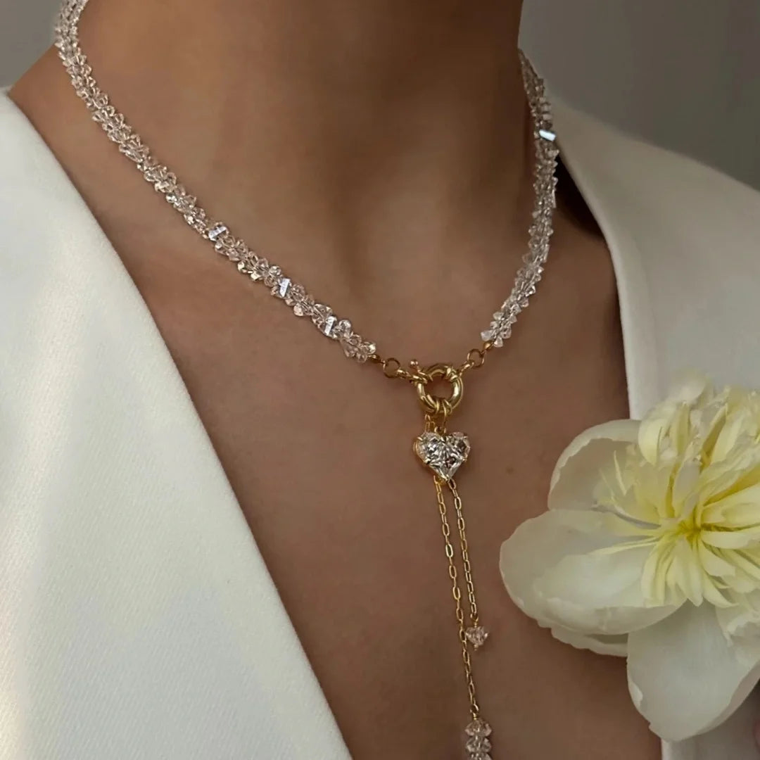 Collier Femme Vintage Pendentif Cœur Cristal Noir - Chaîne Géométrique Bohème