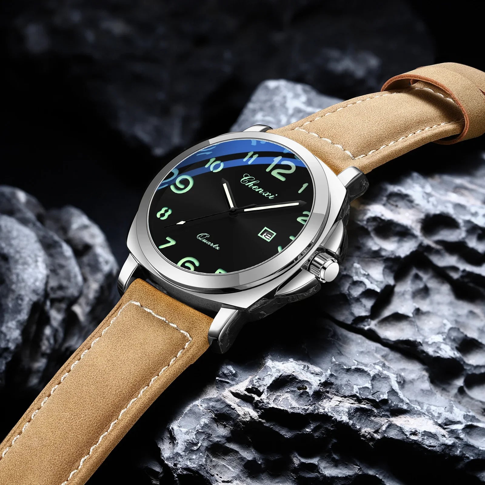 Montre Homme Luxe CHENXI 2026 - Cuir Véritable, Date Lumineuse, Calendrier, Sport Quartz Étanche 3 ATM