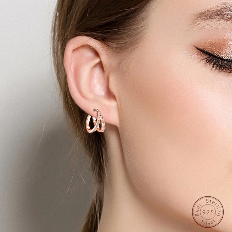 Boucles d'Oreilles Femmes Argent 925 Or Rose Torsadées - Bijou Femme Élégant