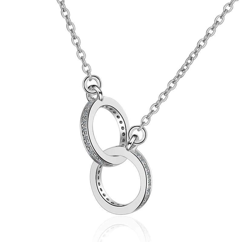 Collier Pendentif Cercles Reliés Classique - Micro-Cristaux Brillants Deux Anneaux Femme