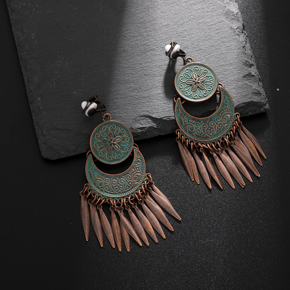 Boucles d'Oreilles Femmes à Clip Vintage Bohème Géométriques - Bijou Femme Sans Piercing