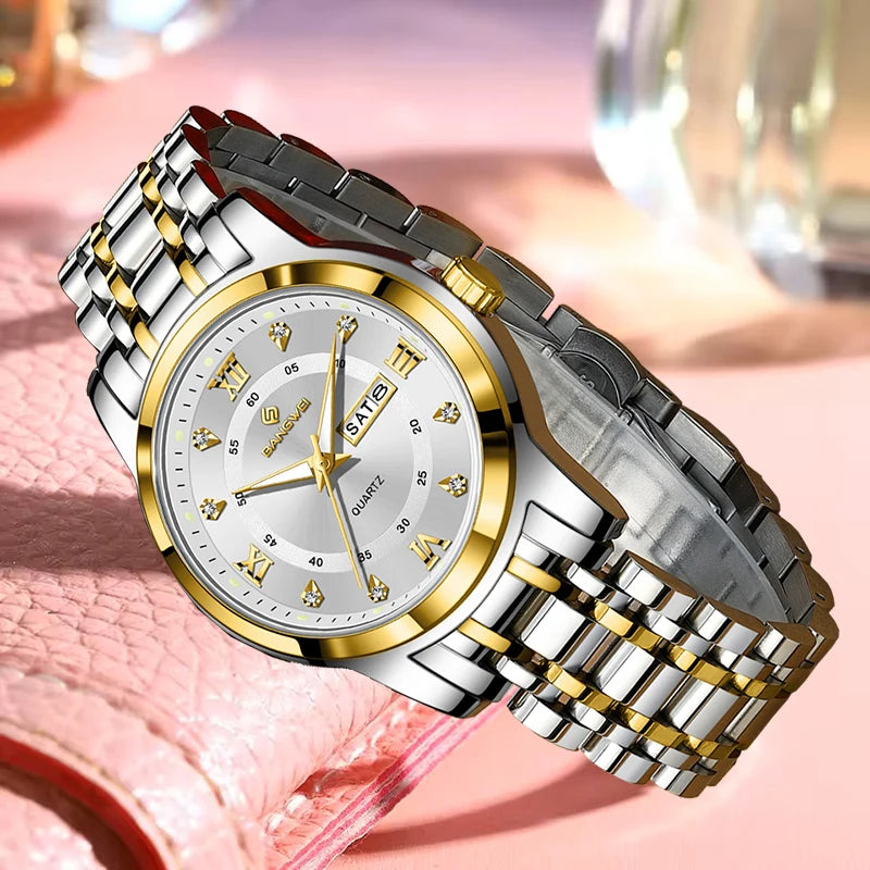 Montre Femme LIGE 2026 Diamant - Acier Inoxydable, Bracelet Créatif, Étanche 3 ATM, Calendrier Lumineux