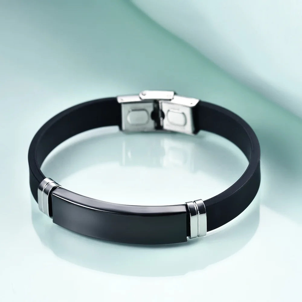 Bracelet Homme Silicone Noir Acier Inoxydable - ID Classique 22cm
