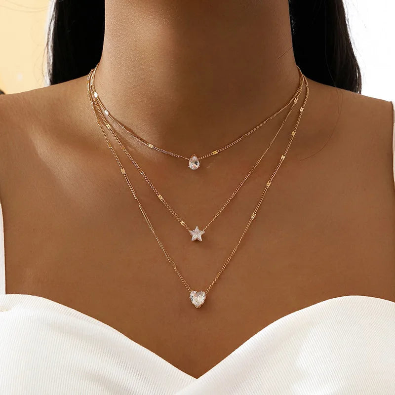 Collier Multi-Rangs Pendentif Zircon - Bijou Femme Tendance Choker