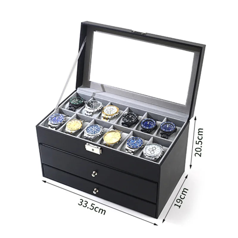 Boîte à Montres 12 Fentes - Coffret Rangement Luxe Cuir PU avec Tiroir Bijoux