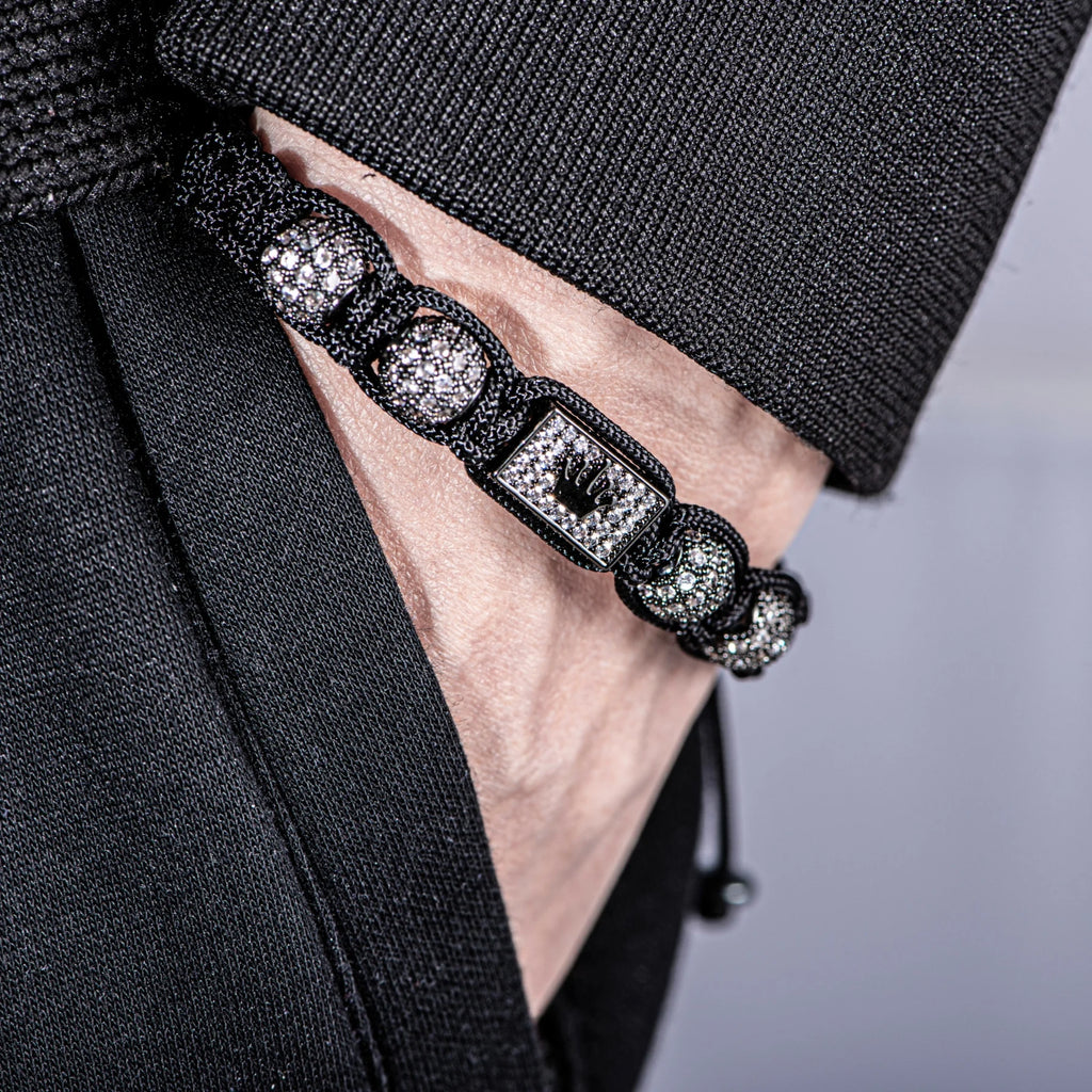 Bracelet Tressé Noir Ajustable Homme Design Couronne Zircones - Hip-Hop