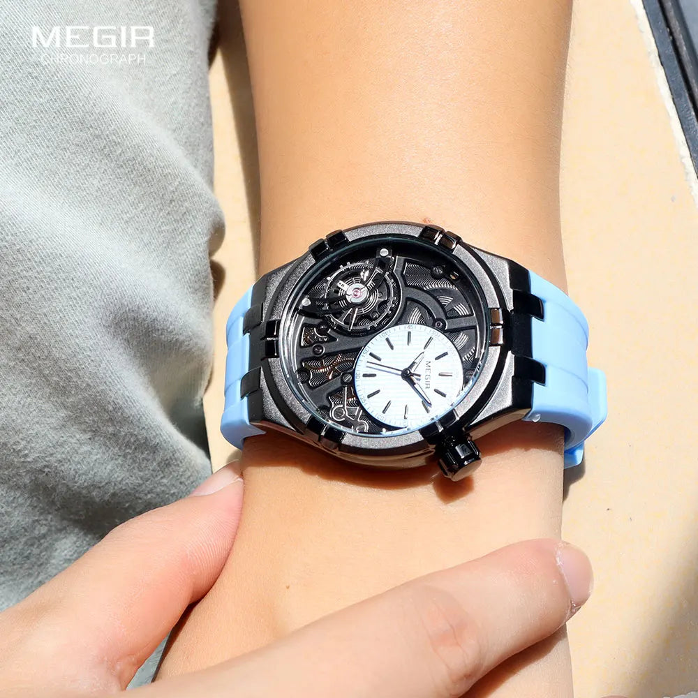 MEGIR - Montre Homme Sport Orange Double Cadran - Bracelet Silicone - Chronographe - Étanche 3 ATM
