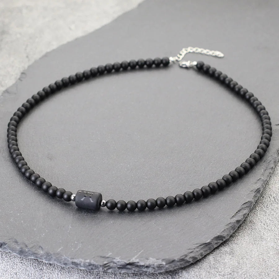 Collier Unique Pierre d'Onyx Noir 12 Constellations Homme - Acier Inoxydable 48cm
