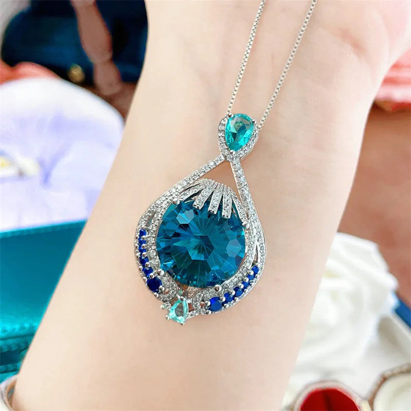 Collier Femme Pendentif Zircon Bleu - Taille Firework Premium