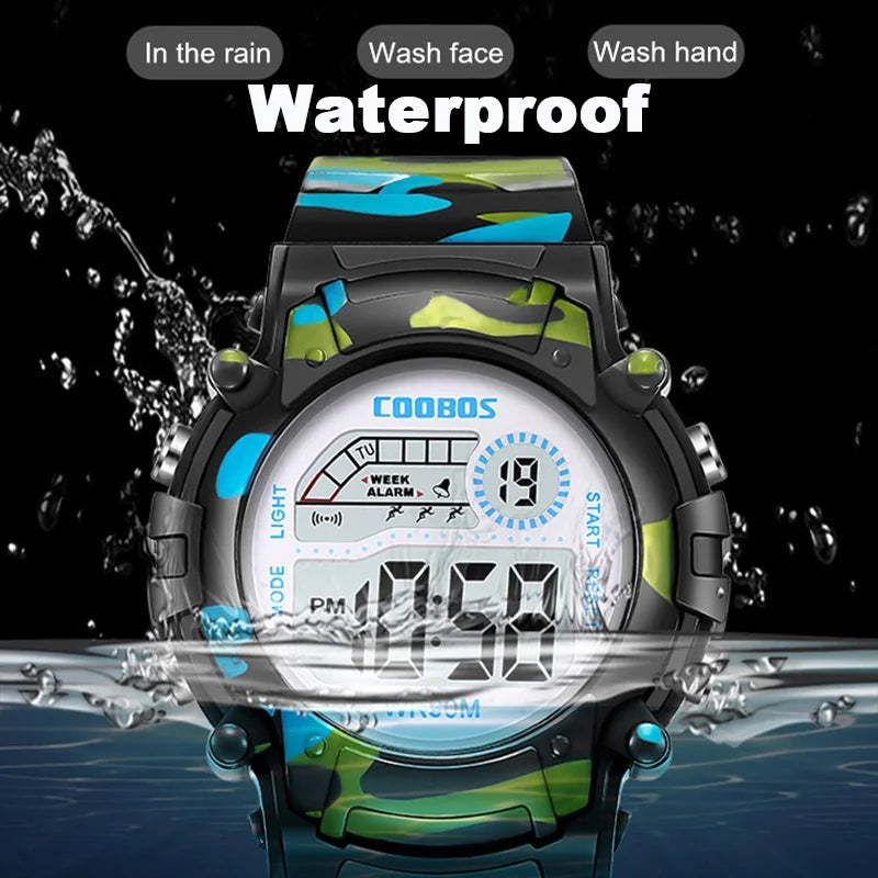 MOONBIFFY - Montre Enfant Militaire Sport Digitale LED - Alarme - Lumineux - Étanche 3 ATM - Camouflage